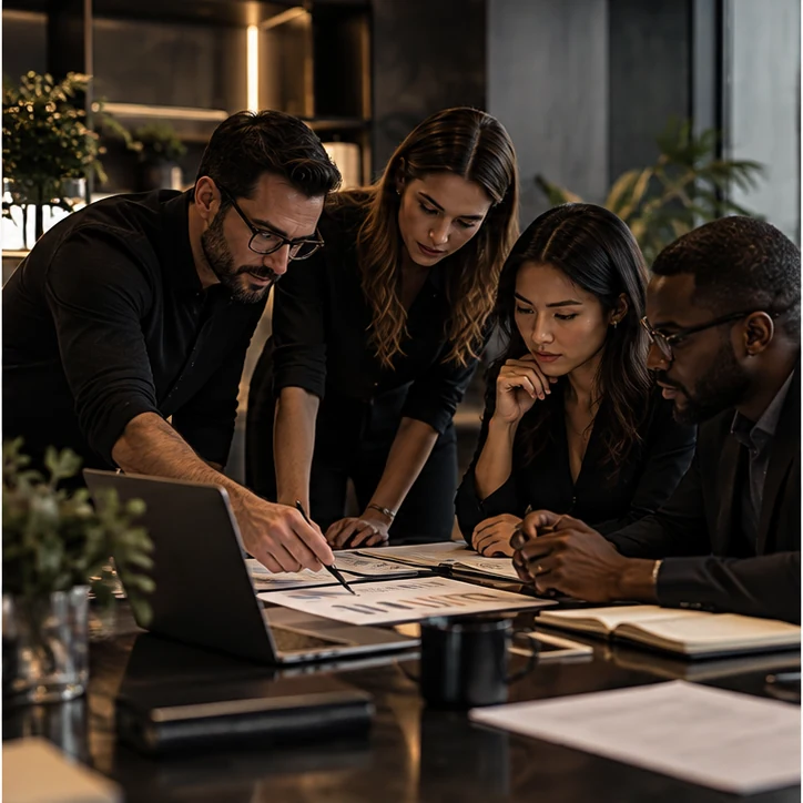 Team of professionals gathered around a table discussing decisions